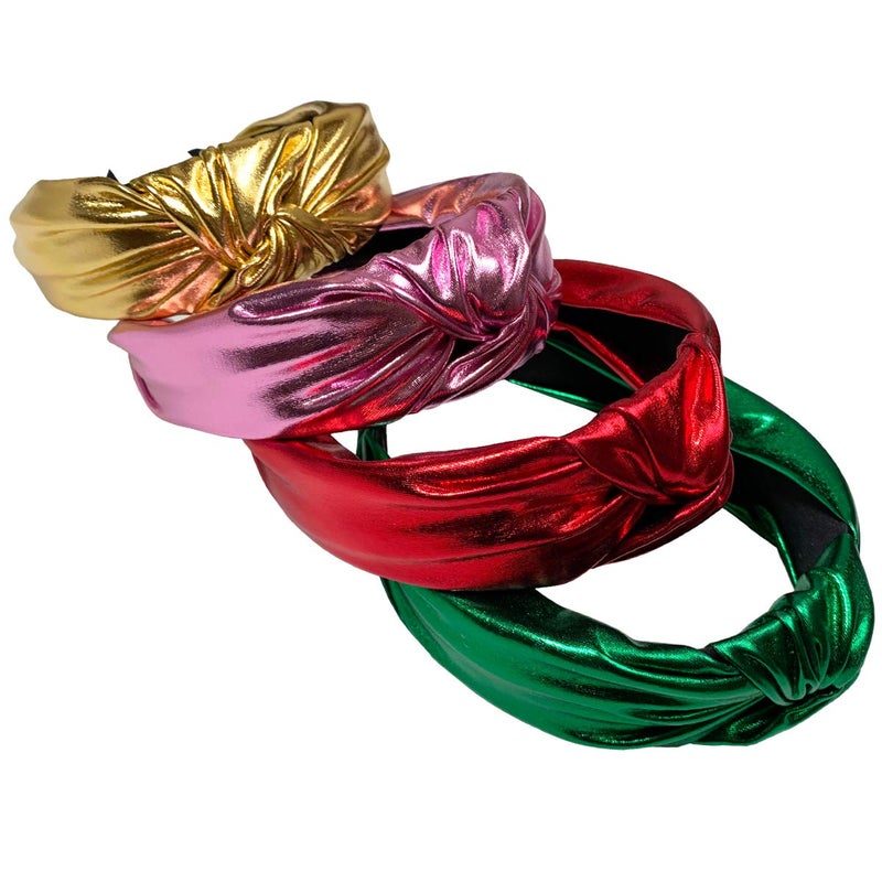 BETITETO Glitter Knotted Headbands 4 Pack Vintage Shiny Metallic Wide Hair Bands Hoops for Women Girls (Gold + Green + Pink + Red) - Image 2